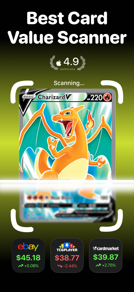 Pricedex 앱 인터페이스가 Charizard V 카드를 스캔하여 실시간 시장 가치를 확인하고 있습니다.