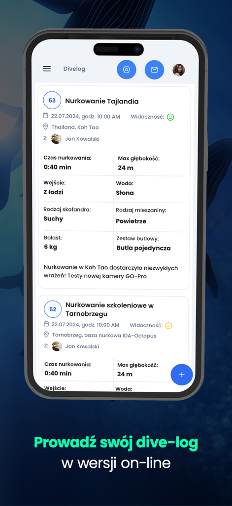 Digital dive log interface of the IDF app showing scuba diving session details and statistics.