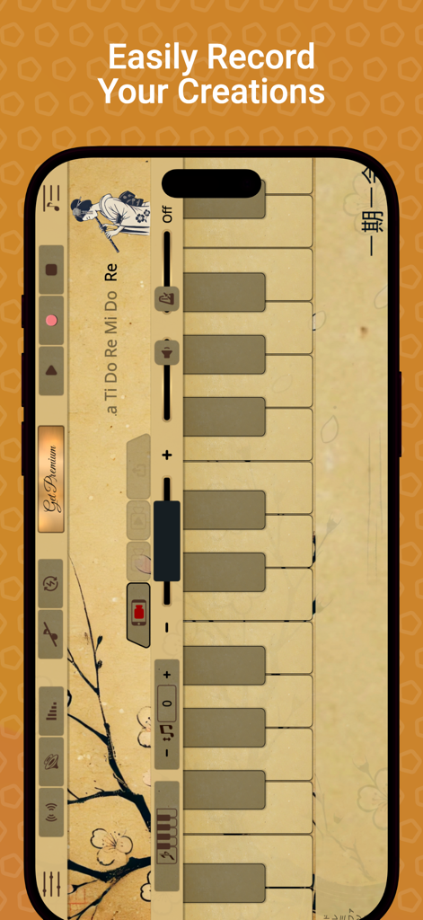 Shakuhachi Sim - Shakuhachi Sim app interface for recording music with a vertical keyboard and Japanese artwork