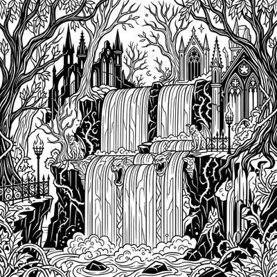 Journey into a realm of dark enchantment with this stunning block waterfall coloring page. Explore a majestic gothic landscape where ancient ruins and mythical creatures meet cascading waters, offering a truly unique artistic escape.