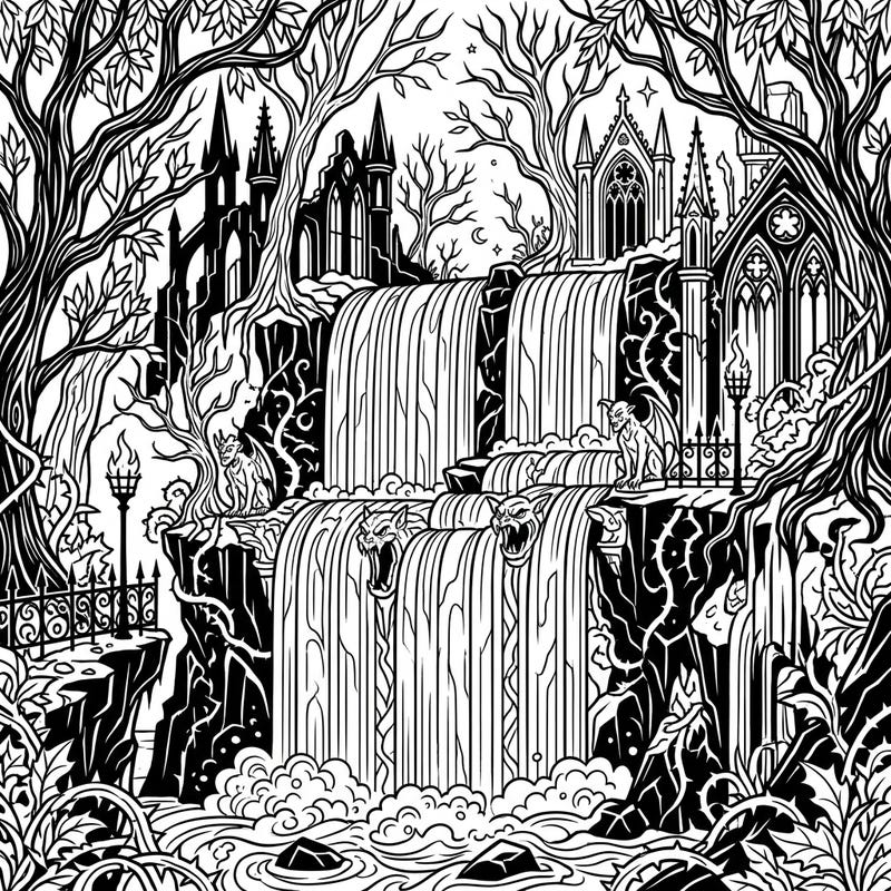Journey into a realm of dark enchantment with this stunning block waterfall coloring page. Explore a majestic gothic landscape where ancient ruins and mythical creatures meet cascading waters, offering a truly unique artistic escape.