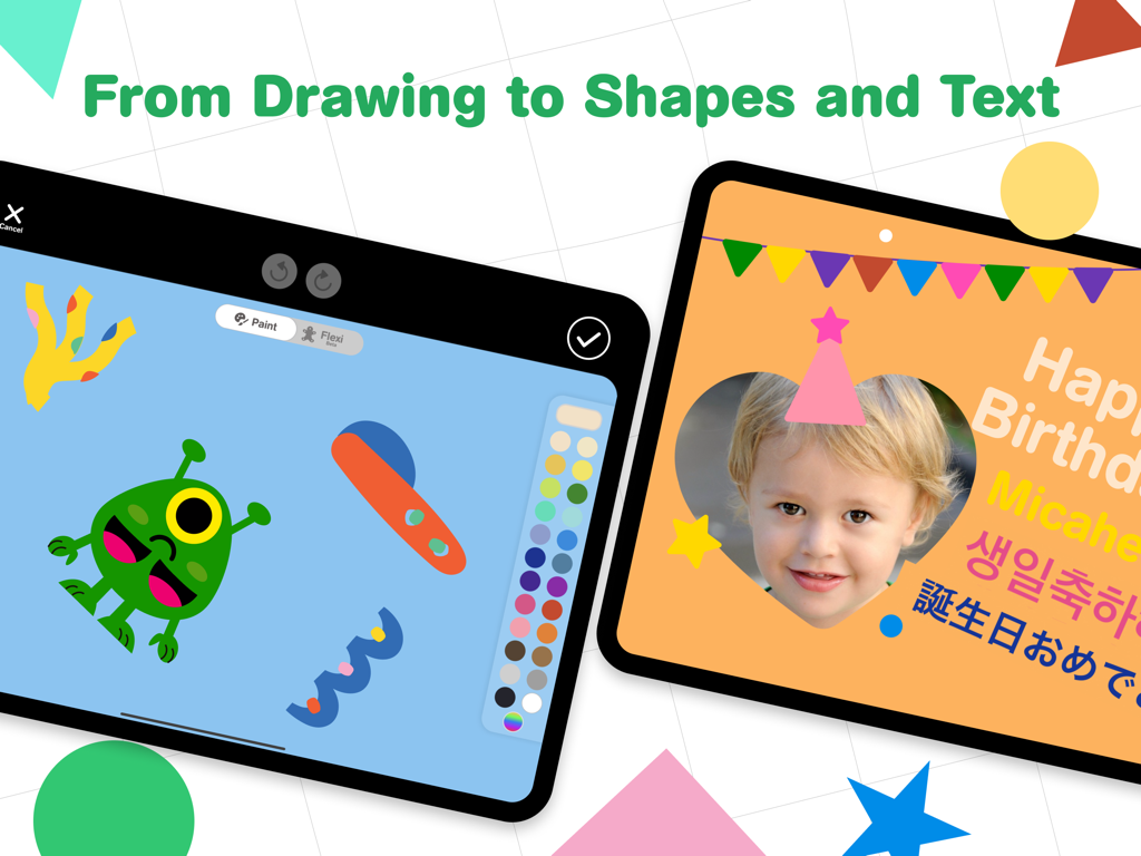 Pilo Animation Kit - Pilo Animation Kit on iPad showing drawing interface and customized birthday card with text and photos