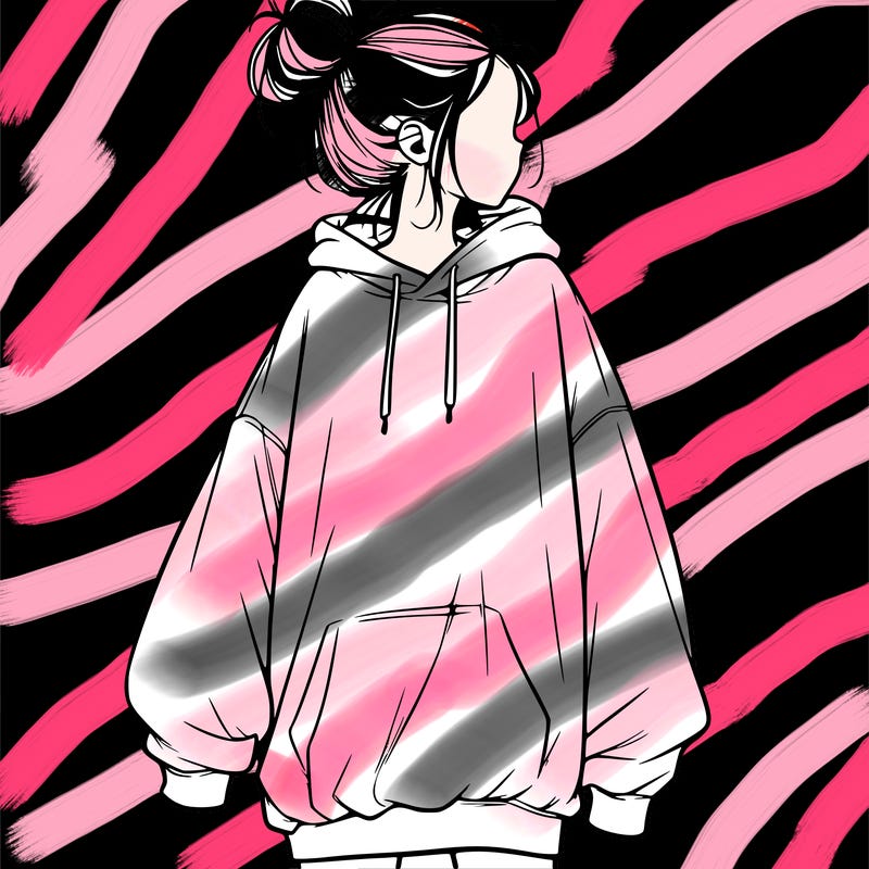 realistic girl with a oversized sweatshirt on and a bun