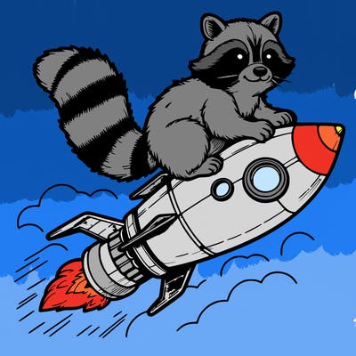 realistic raccoon flying on top rocket ship