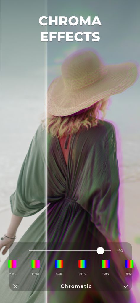 LUMINS - Light Photo Editor - Before and after comparison of a chromatic aberration effect applied to a photo of a woman wearing a hat