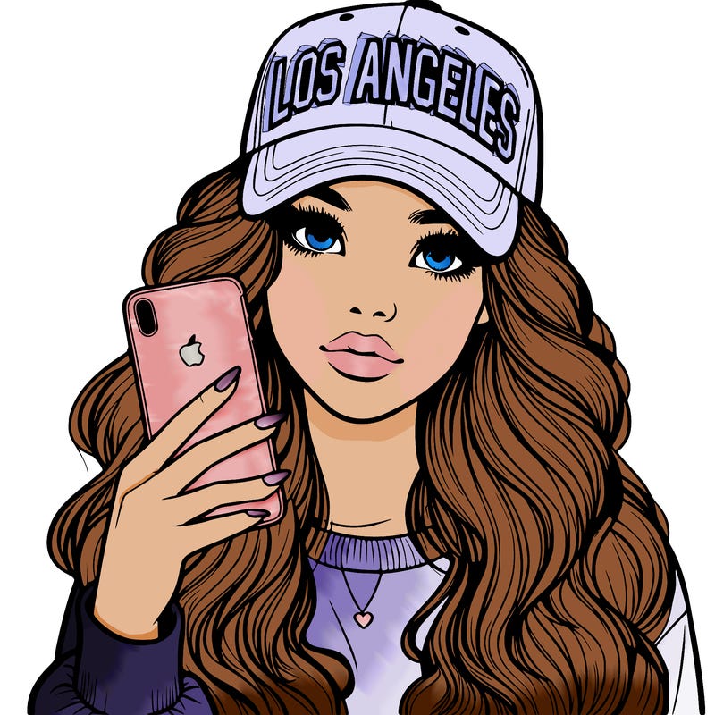 realistic beautiful girl wearing los ángeles cap holding an iphone