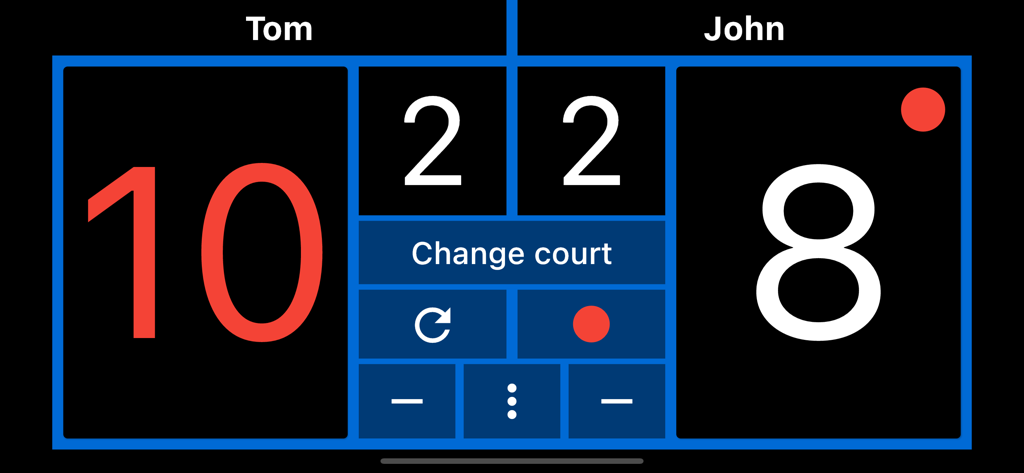 Ping-Pong Scoreboard - Interface of the Ping Pong Scoreboard app showing a match score of 10 to 8 between Tom and John