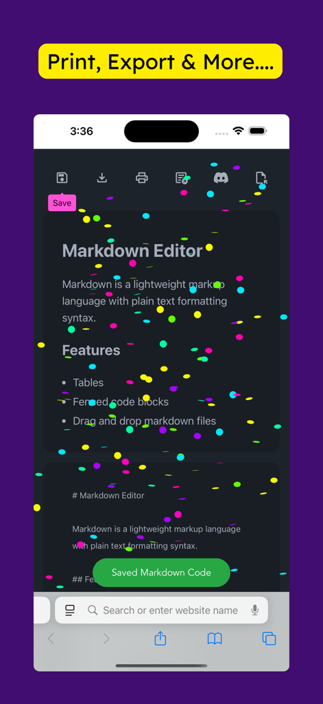 Markdown Editor for Safari - Markdown Editor for Safari interface showing markdown code preview and save options