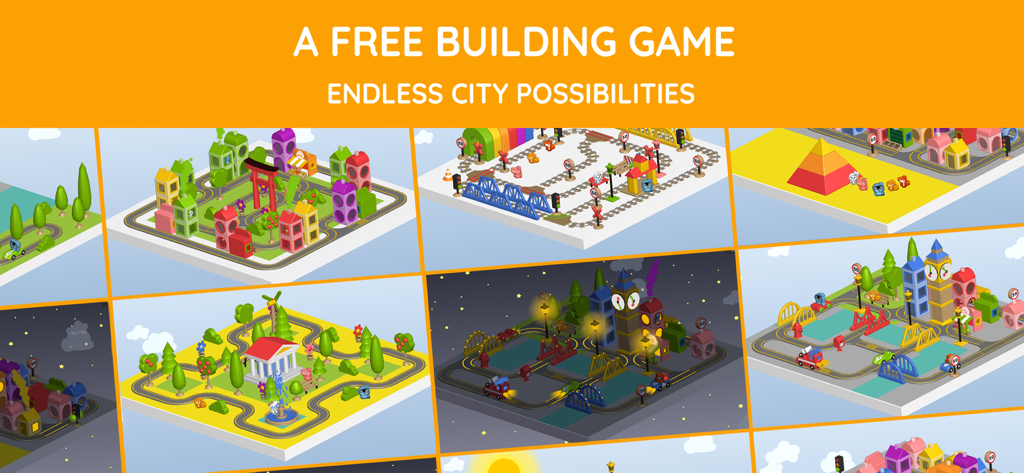 Collage showing various colorful city layouts and building possibilities in the Pango Build and Explore City app
