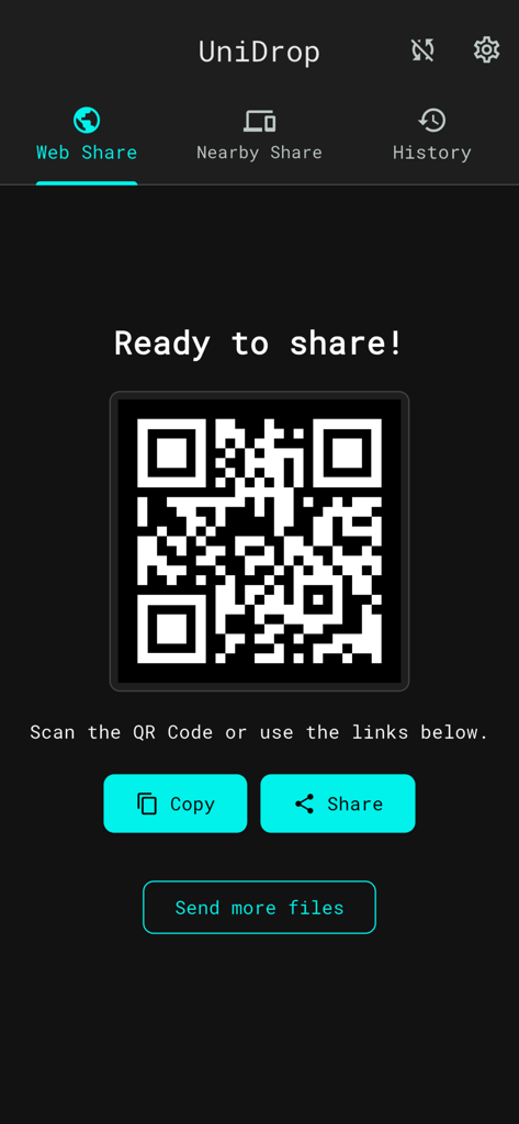 UniDrop - File Sharing - Schermata di condivisione web dell'app UniDrop che mostra un codice QR generato e link di condivisione per la condivisione di file multipiattaforma