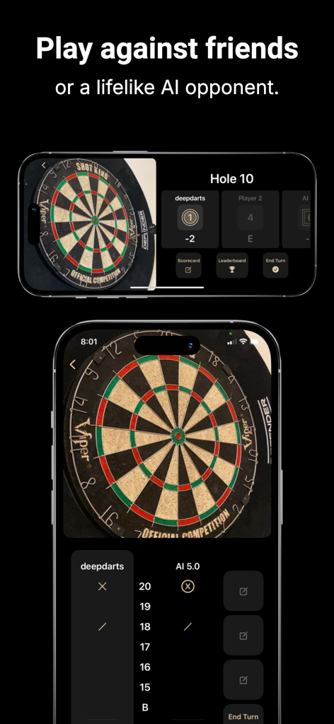 DeepDarts app interface showing scoring screens for playing against friends or an AI opponent with dartboard camera detection.