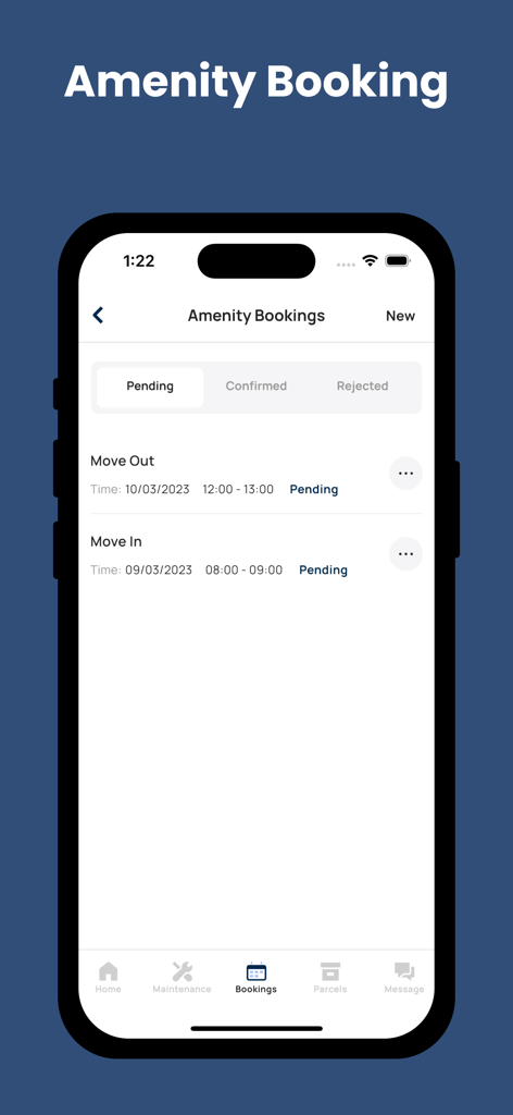 MYBOS Resident app interface showing pending amenity booking requests for move-in and move-out tasks