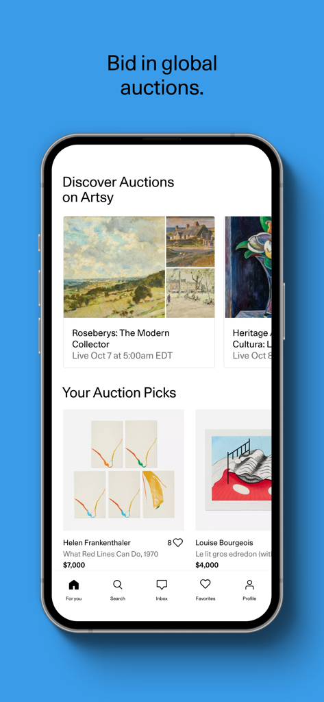 A mobile phone showing the Artsy app interface with a section to discover global art auctions and personalized auction picks.