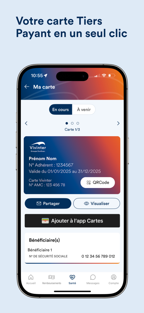 Écran de l'application Vivinter affichant une carte d'assurance santé dématérialisée avec des options de partage et d'ajout à Apple Wallet.