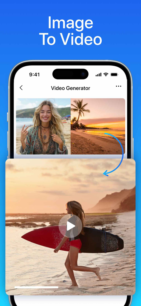 Mary AI Video Image Generator - Screenshot of Mary AI app interface demonstrating the image to video generator tool with beach themed content