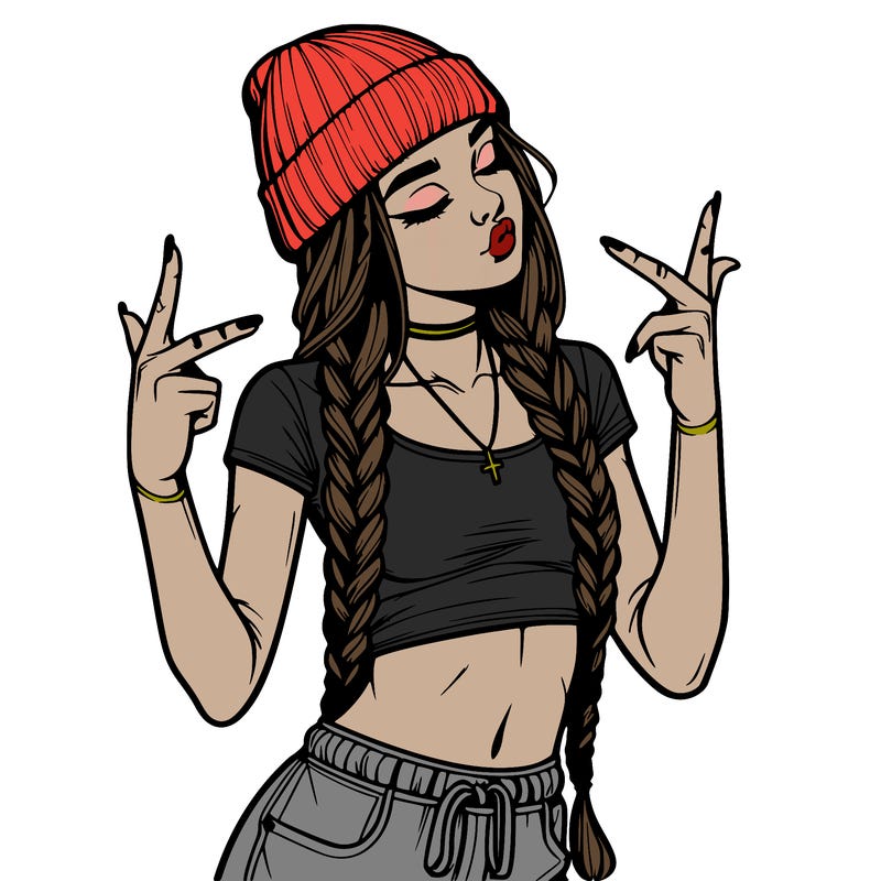 realistic teenage girl with braids and a beanie and crop top doing 🫶🏼