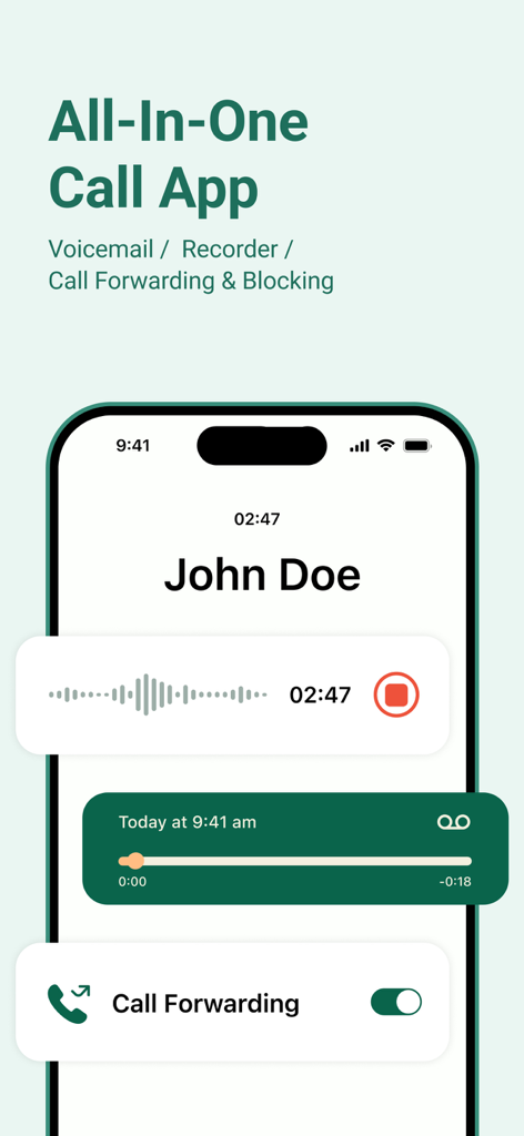 WeTalk app interface displaying call recording voicemail and call forwarding features