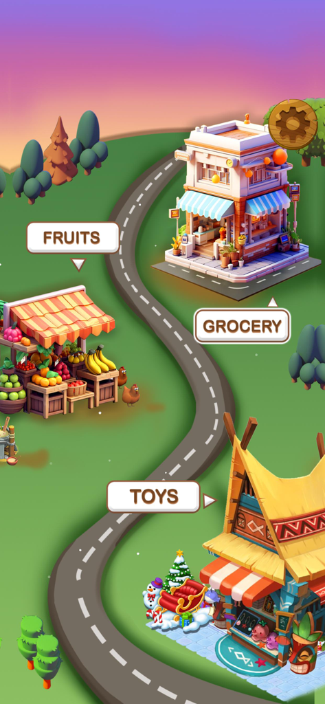 과일 상품 및 장난감을 구불구불한 도로를 따라 정리하는 레벨을 보여주는 화려한 게임 맵.