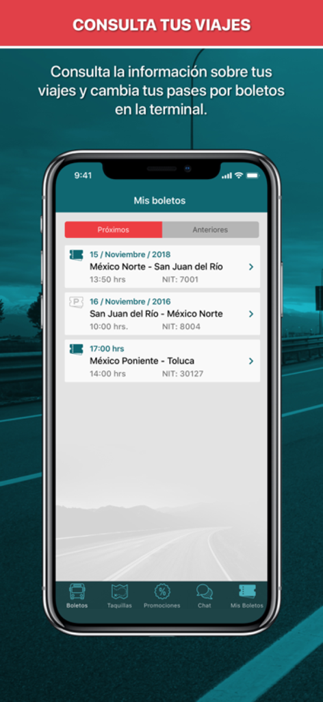Una interfaz de aplicación móvil que muestra una lista de boletos de autobús y el historial de viajes para OVNIBUS en México.