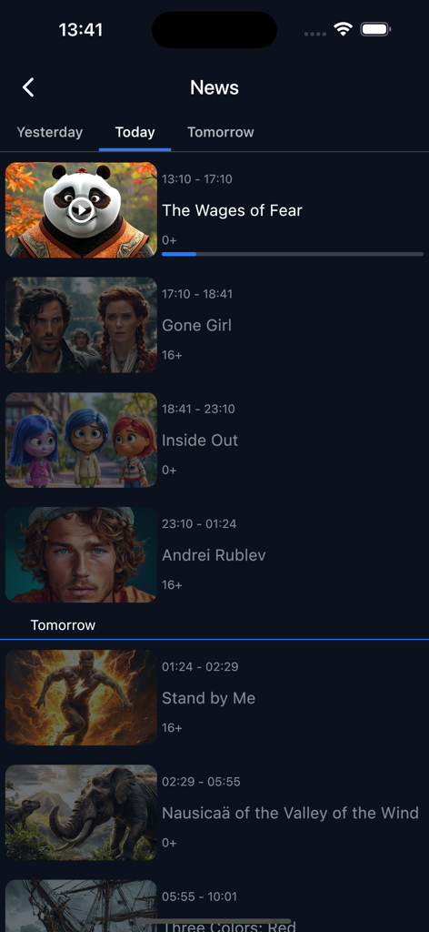 TMS player - Interface montrant une liste de films et de programmes programmés avec les heures et les miniatures dans TMS Player