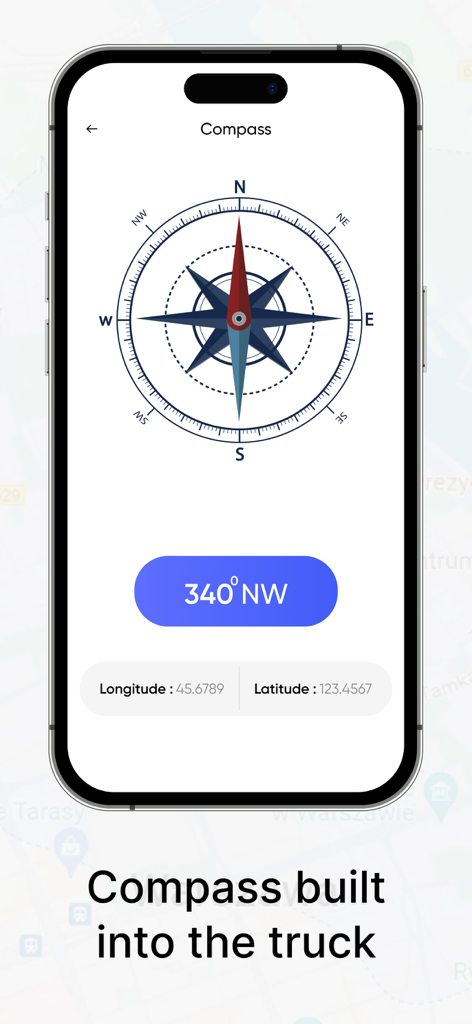 Truck Map Navigator: Truck GPS - Interface de boussole numérique dans l'application Navigateur de Carte Camion affichant l'orientation et les coordonnées.