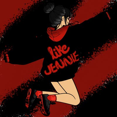 realistic girl jumping with a bun and oversized sweatshirt