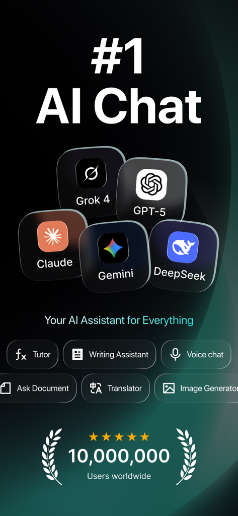 Chatbot 5: AI Chat Assistant - Chatbot 5의 통합 AI 모델 (GPT-5, Gemini 등)과 글쓰기 및 튜터링 생산성 도구를 보여주는 홍보용 스크린샷