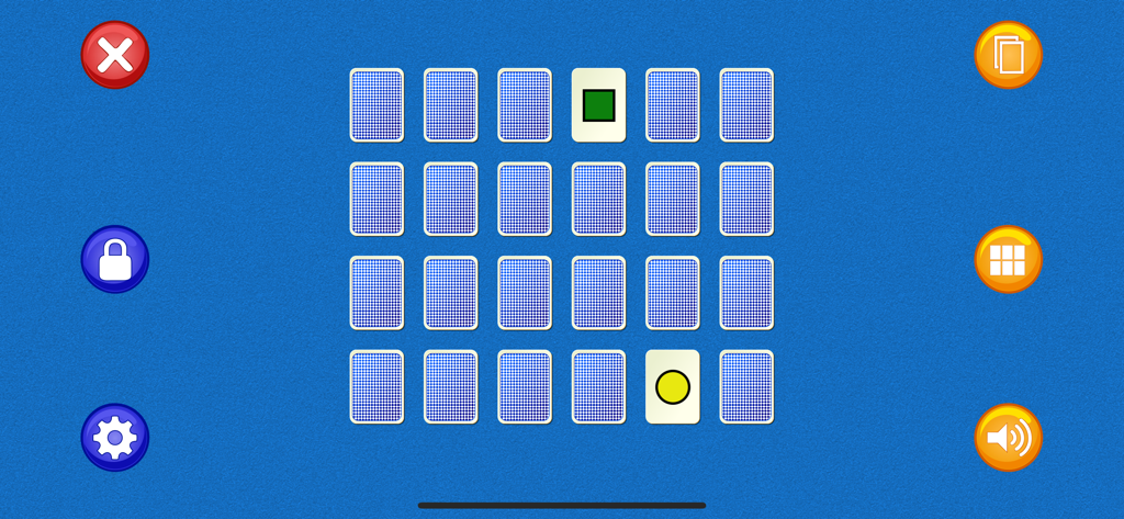 Matching Pairs! - Gameplay screen of Matching Pairs showing a grid of face down blue cards with two cards flipped over revealing a green square and a yellow circle on a blue background