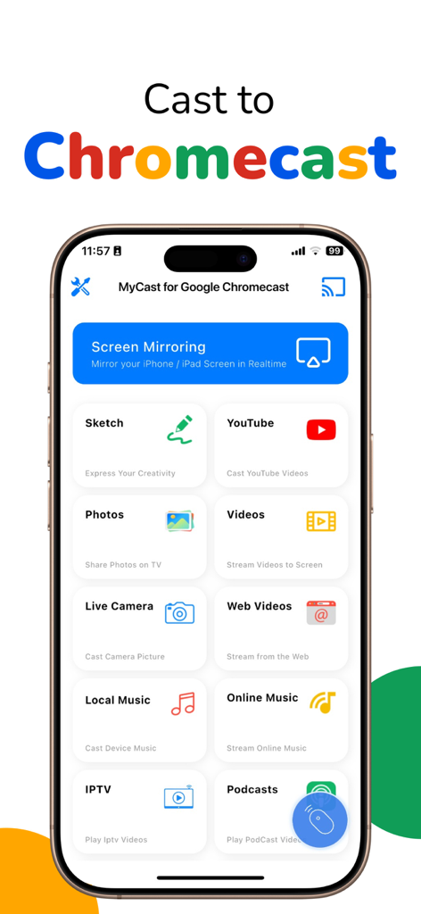 MyCast for Google Chromecast - Dashboard of the MyCast app on an iPhone displaying casting and screen mirroring features