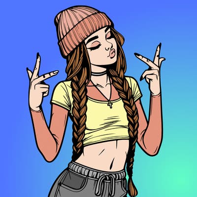 realistic teenage girl with braids and a beanie and crop top doing 🫶🏼