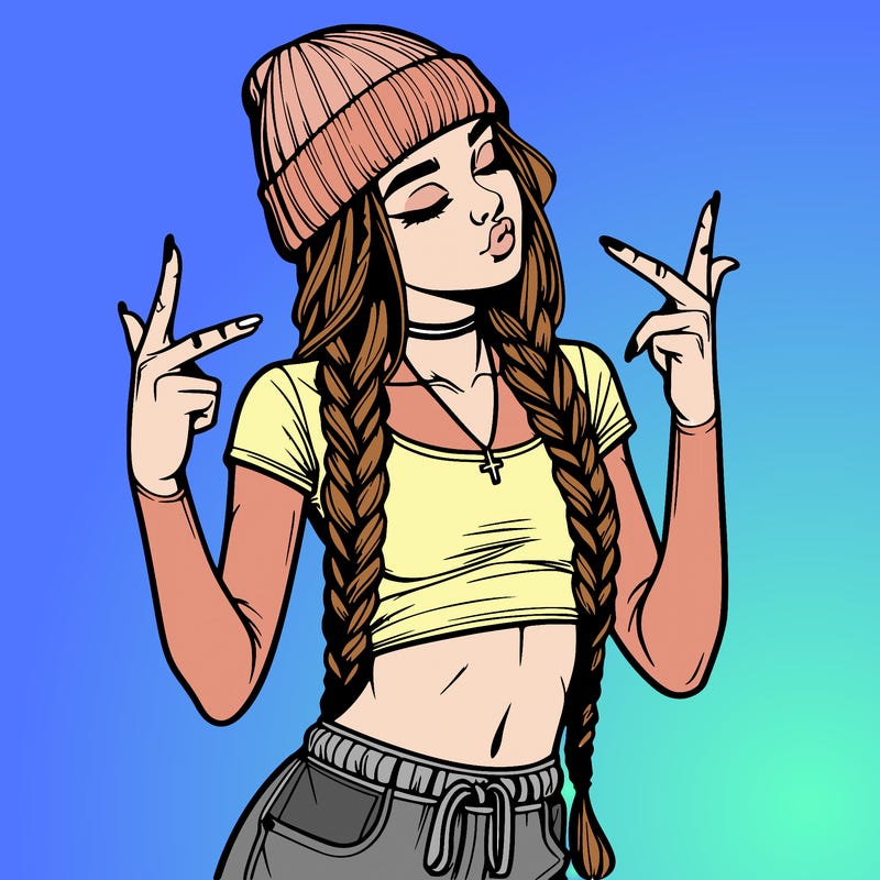 realistic teenage girl with braids and a beanie and crop top doing 🫶🏼