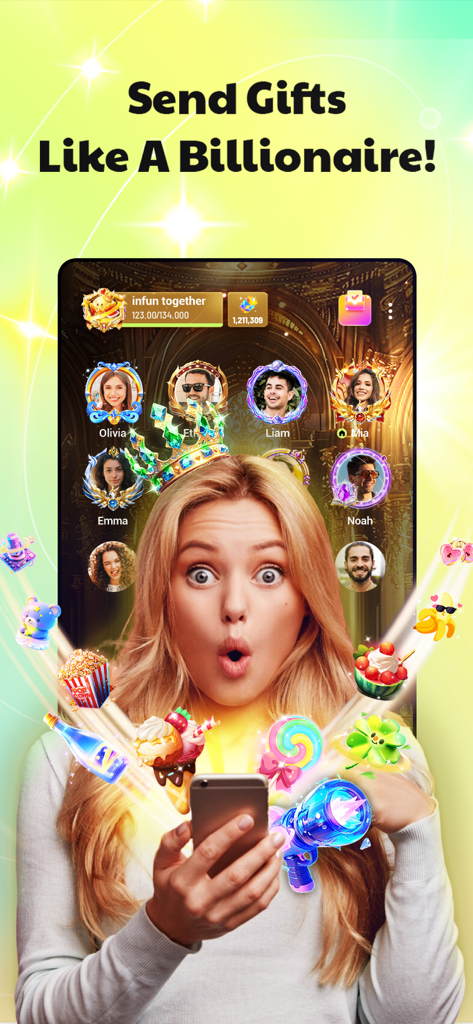 infun: Group Voice Chat Rooms - infunアプリを使用し、グループボイスチャットルームでバーチャルギフトを送る驚いた様子の女性。