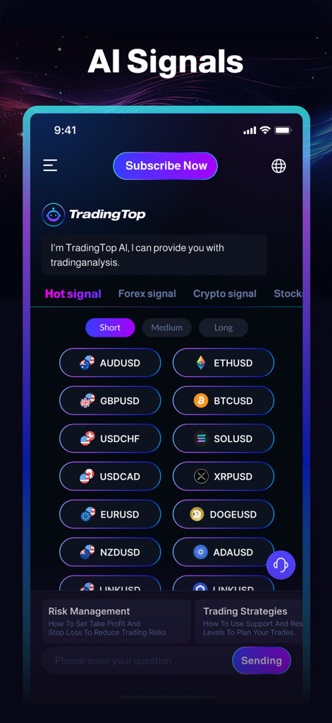 TradingTop app interface showing AI driven signals for forex and cryptocurrency pairs