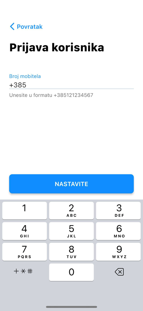 Fina e-Potpis Oblak - Fina e-Potpis Oblak login interface showing a mobile number input field and a numeric keypad