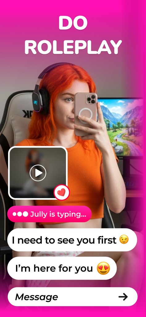 AI Girlfriend Chat : Jelly - A chat interface in the Jelly AI Girlfriend app showing roleplay options and a message from a virtual character named Jully.