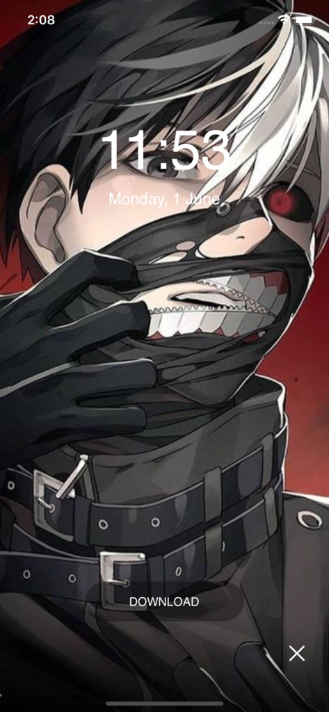 Anime live wallpaper preview showing a character on an iPhone lock screen