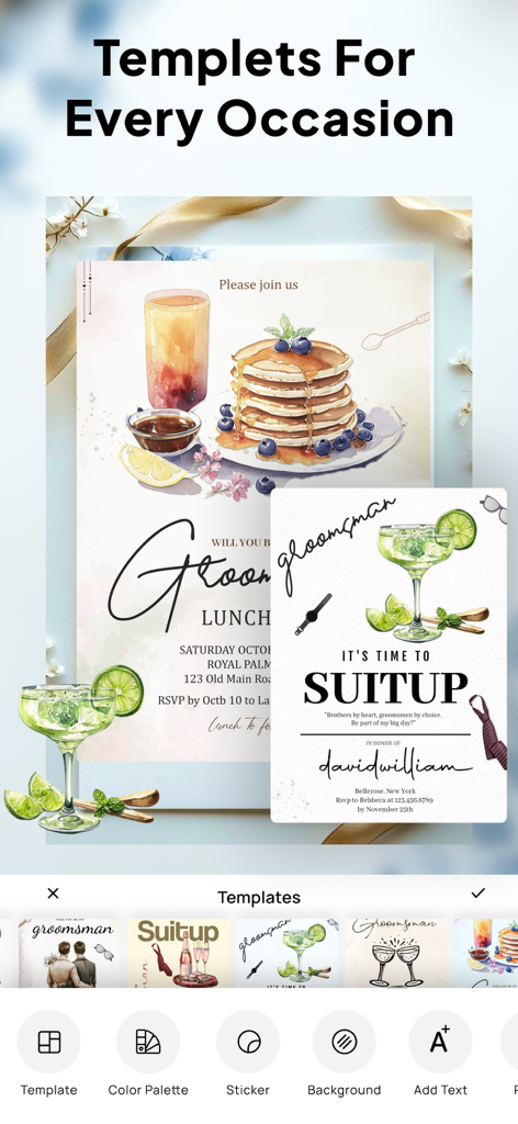 Invitation Maker| Digital RSVP - アプリインターフェース内の結婚式やソーシャルイベント向けのさまざまなデジタル招待状テンプレートの表示