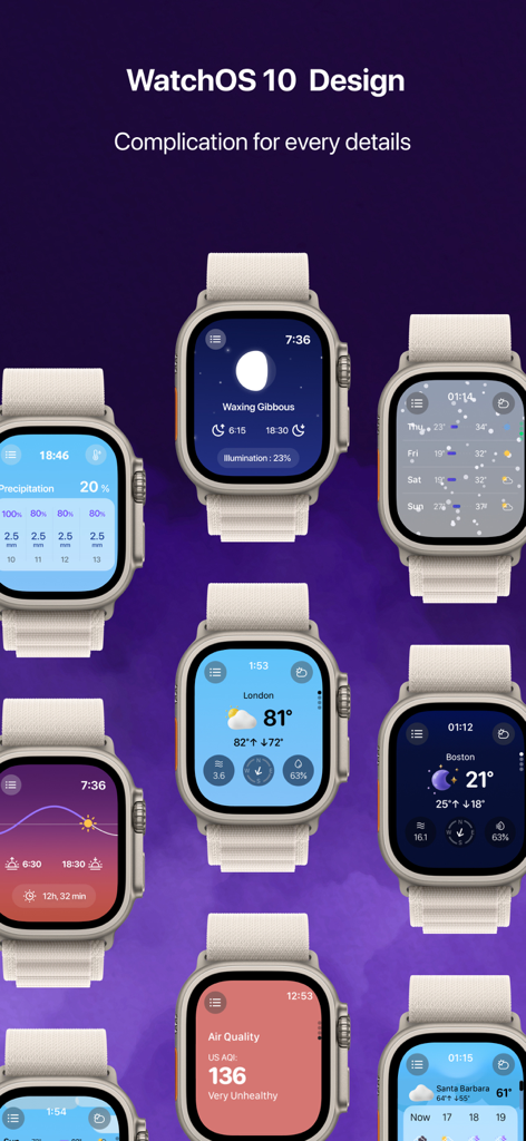 Multiple Apple Watch Ultra displays showing various HeyWeather weather complications and forecasts