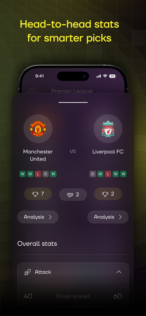 Una pantalla de estadísticas cara a cara en la aplicación Sports AI Pro comparando al Manchester United y al Liverpool FC con estadísticas generales de ataque