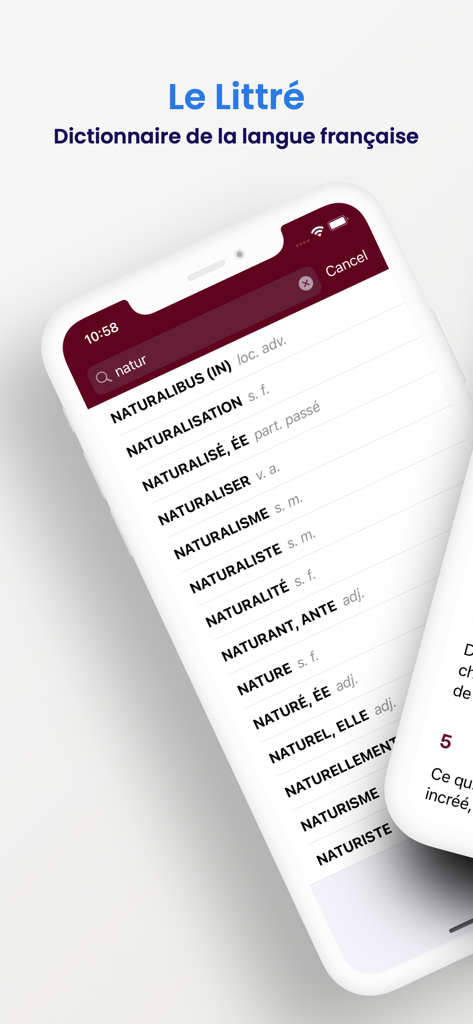 Le Littreフランス語辞書アプリのモバイルインターフェース。自然関連用語の単語検索結果を表示。
