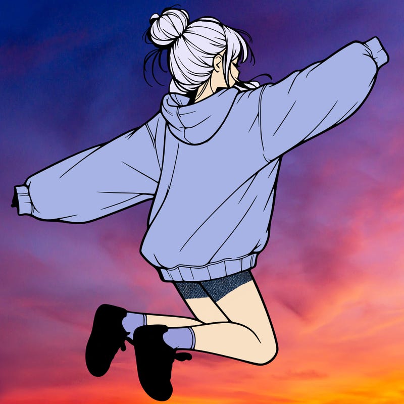realistic girl jumping with a bun and oversized sweatshirt