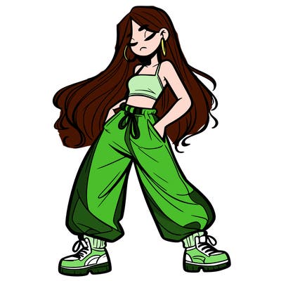 girl in baggy pants crop top and long hair