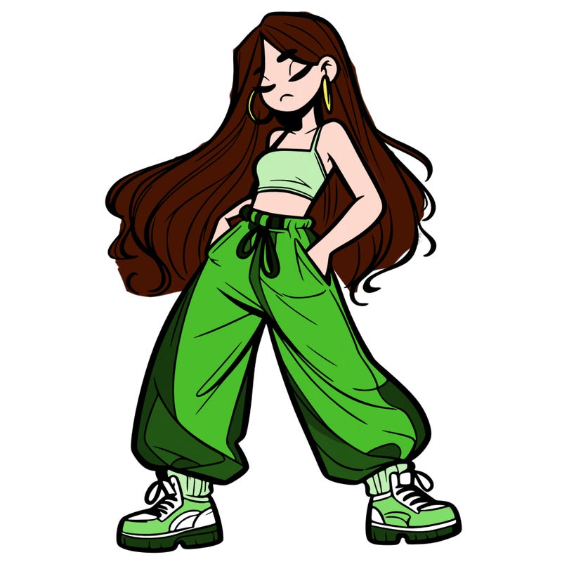 girl in baggy pants crop top and long hair