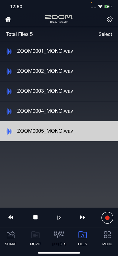 Interfaccia dell'app HandyRecorder che mostra un elenco di file audio registrati e controlli di riproduzione