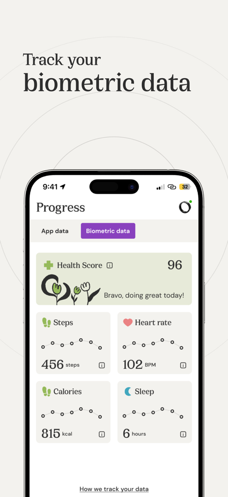 Virtusan: NSDR, 40 Hz and more - Virtusan app progress screen displaying biometric data including health score, steps, heart rate, and sleep metrics.
