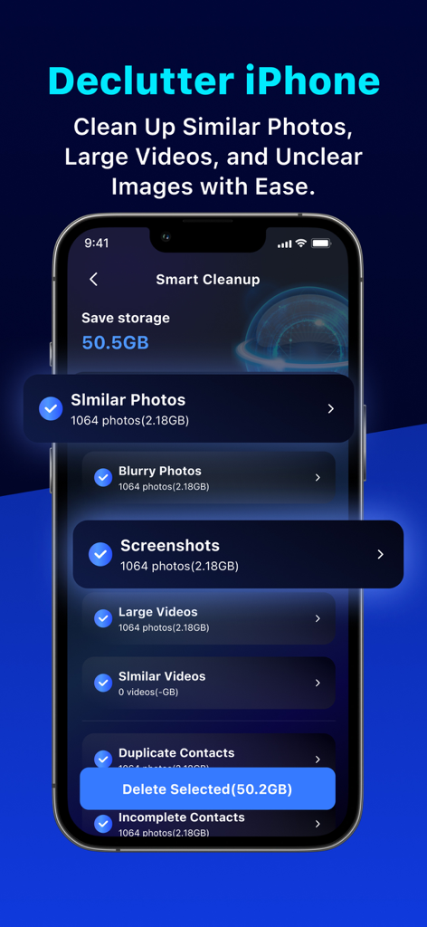 Cleaner PRO:photos cleaner - Interface of Cleaner PRO app showing the Smart Cleanup tool to delete duplicates and save iPhone storage space.