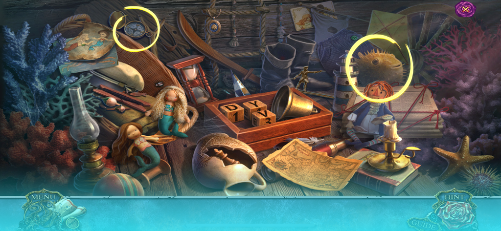 A hidden object puzzle scene with nautical items mermaid dolls and a compass