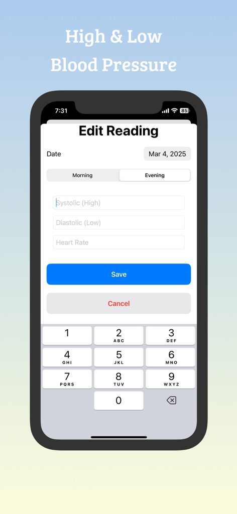 Blood Pressure Averager - Manual entry screen for recording systolic, diastolic, and heart rate readings in the Blood Pressure Averager app