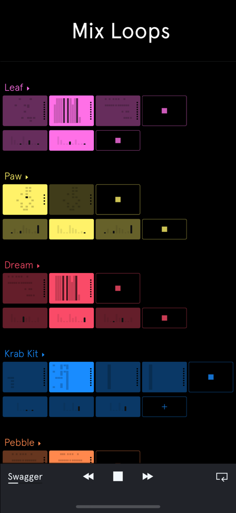 Mix Loops interface in Auxy Studio showing colorful music pattern blocks on a black background.