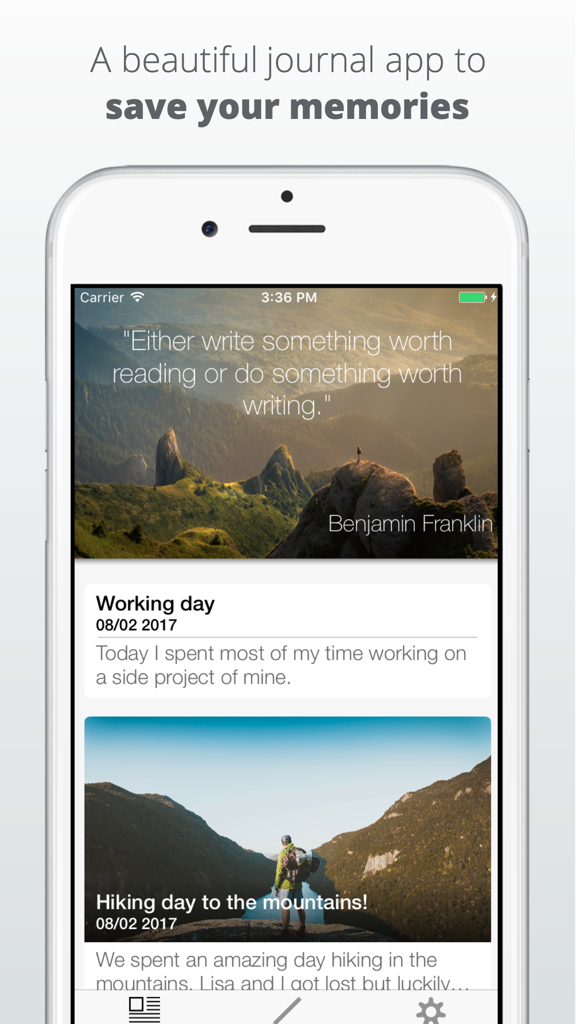 Interfaz de la aplicación Diario Personal en iPhone con entradas diarias y una cita motivacional.